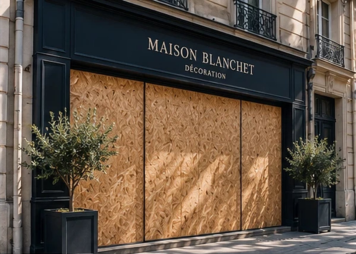 Boutique parisienne dont la vitrine est protégée par des panneaux OSB ajustés sur mesure