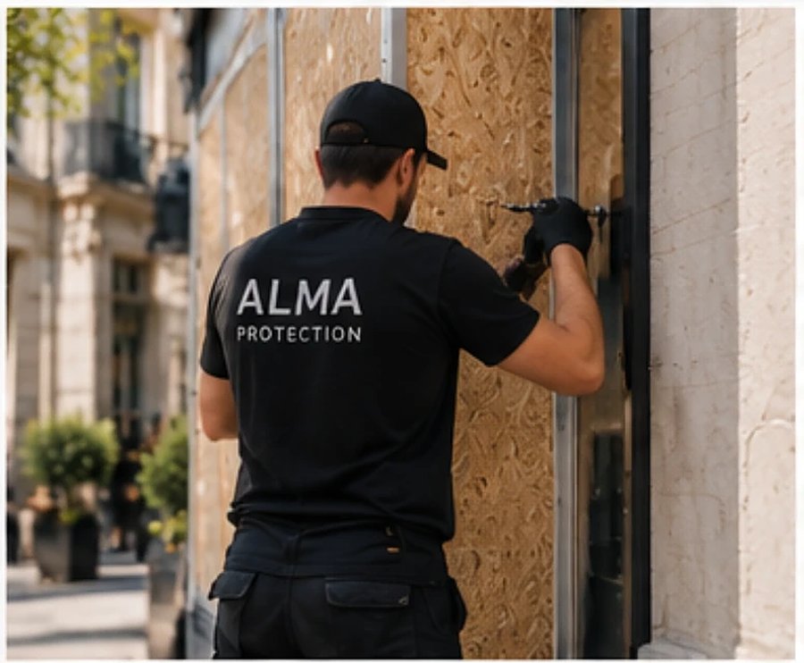 Technicien ALMA posant un panneau sur mesure devant une vitrine